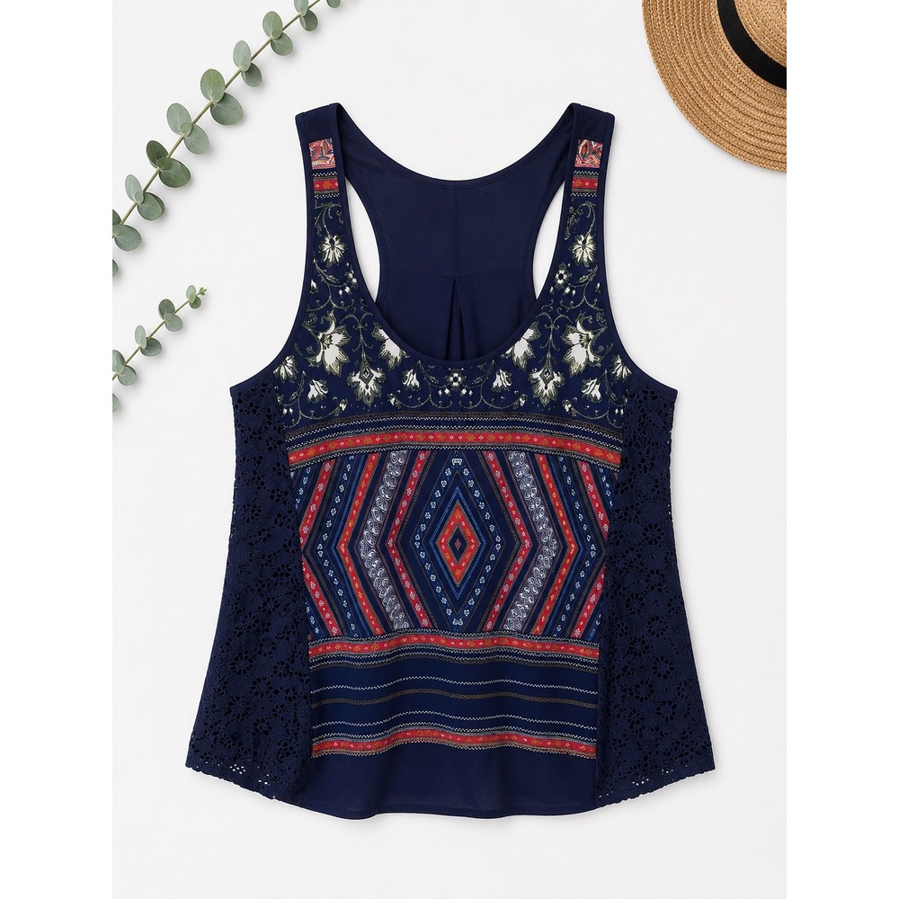 Heartsoul Navy Blue Boho Geometric Floral Lace Side Racerback Tank Top Size M